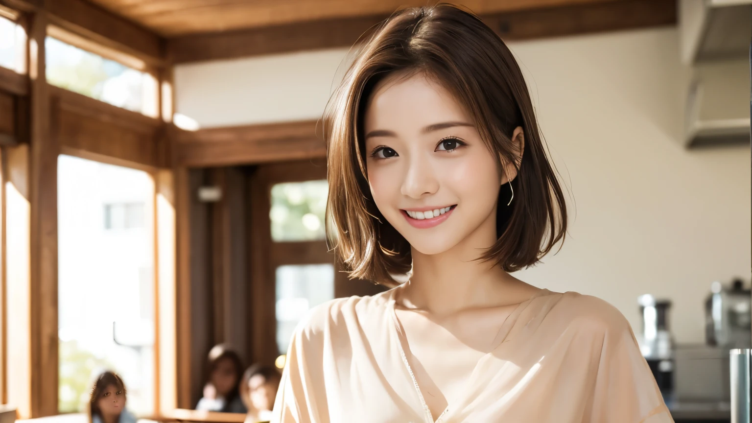 super high quality, smile, Slenderのネックレス, Slender, Gravure photoshoot, The staff is working at the counter in the back., (8k、RAW Photos、Highest quality、masterpiece:1.2), Japanese Idol, Stylish café, (Realistic、Photorealistic:1.37), Bob Hair, Mesh Hair, Urban Cafe, Golden Ratio, Raw photo, Cute face , Light Brown Hair, Small breasts, Bright cafe interior, Blurred Background, Summer clothes, Beautiful hairstyle, Photographed inside the cafe, Hair blowing in the wind, Neat clothes, T-Shirts, 18-year-old, Stylish clothes, 
