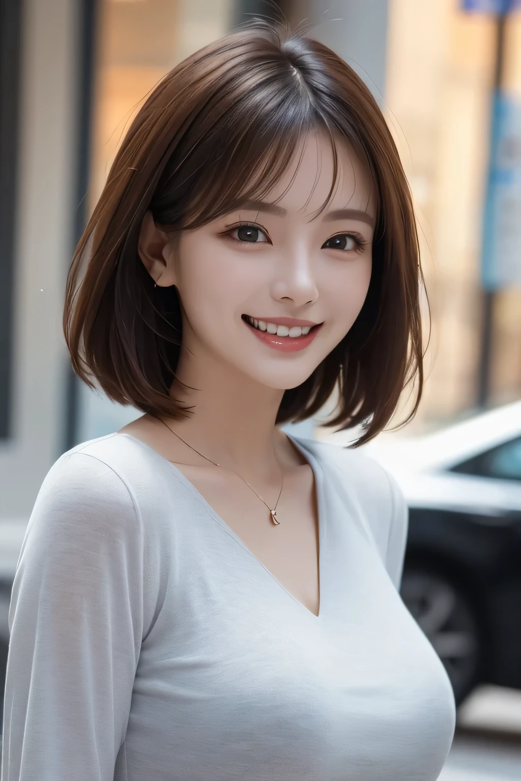 ((masterpiece)), ((Highest quality)), ((Complex)), ((Surreal)), (Realistic), (Mature Woman), ((There are no classes)), Very detailed, (1 female), Beautiful and exquisite, (Beautiful Teeth), Grin, Brunette bob hair, Brown eyes, ((blouse)), (Upper Body), (background:none), Perfect Eyes, Captivating eyes, Looking at the audience