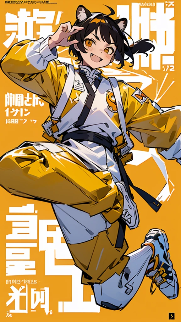 サイバーパンク, オーバーサイズパーカー, Wearing big sneakers, whole body, Simple Background, Magazine cover style, Tiger themed characters, amberのイメージカラー, Cheerful boy, Jumping, short hair, tsurime, cat ears, skin fang, grin, tachi-e, projected inset, UHD, best quality, highres, 8k