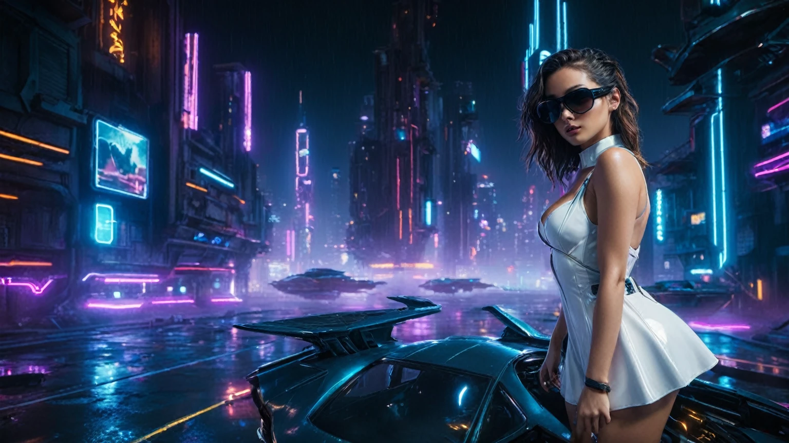 (aerial view, a flying cars docking platform, a very dark abandoned futuristic city, neon lights), rainy night. 1girl, solo, alone, large-breast:1.2 slim body, cleavage:1.1, sexy wind blowing wet dress:1.4, (headphone, black sunglasses), (((((she raised:1.8 a pistol:1.8 and took aim at viewer))))), dynamic pose, (((half-body thigh level medium shot))), cinematic lighting, lens flare, ray tracing.