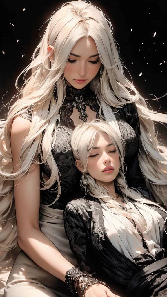 A stunning black and white photograph of two women, one with blonde hair and the other with dark hair, embracing each other in a warm and intimate moment. The blonde woman's eyes are closed, her head resting on the other woman's shoulder, while the dark-haired woman gazes lovingly at her.