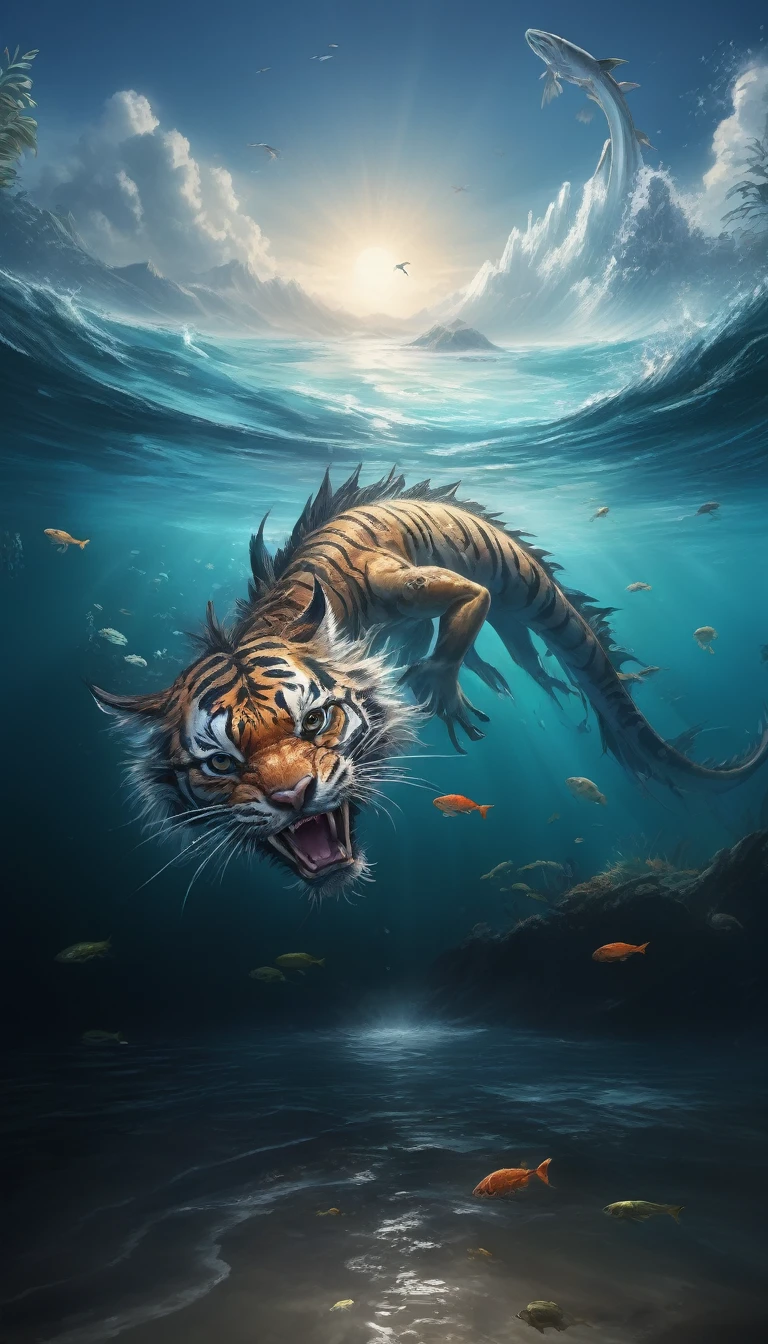 The painting shows a tiger and a fish swimming in the sea, Tiger crab creature, Aquatic organisms, Underwater sea monster, underwater Sea Dragon, Water Dragon, sea snake, Amazing depth, Realistic fantasy illustrations, shrike, Amazing wallpapers, Highly detailed numbers, The numbers are very detailed, Sea Dragon, river otter dragon, Chinese dragon concept art, 3D Epic Illustrations