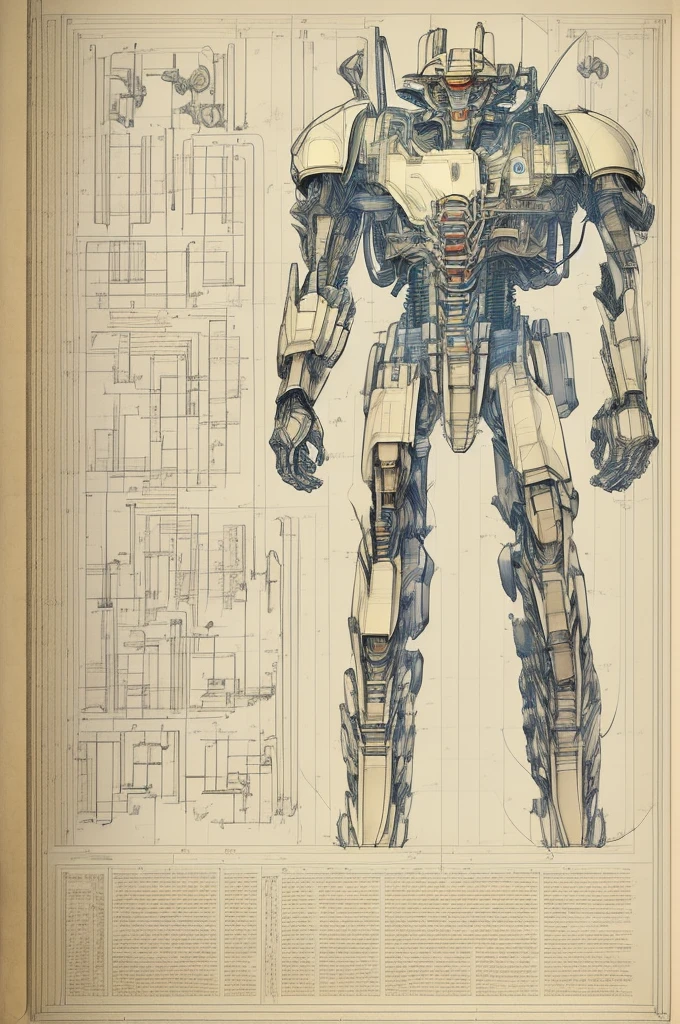 (highly detailed, intricate line work), engineering map, blueprint style, precise measurements and annotations, complex mechanical components, gears, circuits, and schematics, technical diagrams, (high resolution, ultra quality), clean layout, architectural drawing, professional engineering design, labeled parts, (monochrome:1.1, blue and white tones), (paper texture:1.2), (futuristic technology:1.3), CAD design, (3D rendering elements:0.8) break detailed Mecha design, articulated joints, hydraulic systems, energy cores, advanced weaponry schematics, cockpit layout, armor plating, thrusters, servomotors, sensor arrays, neural link interfaces, power distribution, maintenance access points, (exploded view:1.2), (cutaway sections:1.3) break annotations with technical specifications, material lists, part numbers, assembly instructions, safety warnings, engineering notes, (draftsman signature:0.7)
