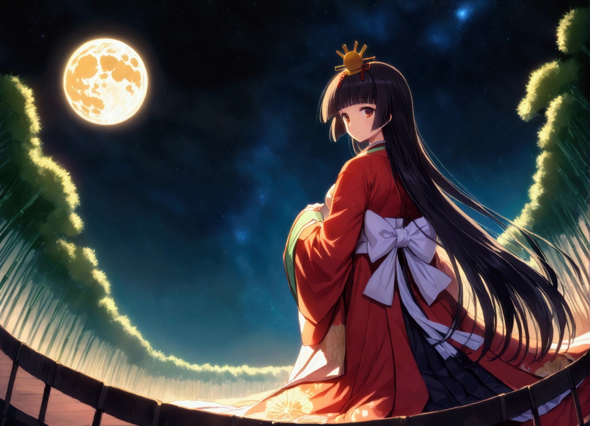 The World of Kaguyahime, hinamatsuri ohinasama, the figure standing looking at the moon is full of melancholy,  (heian red:1.1) japanese clothes, wide sleeves, red (karaginumo:1.1), layered kimono, 1girl solo, beautiful detailed hair, black hair (hime cut:1.2) very long hair spread out, (she sees full moon:1.3), (beautiful standing back view), super wide shot, cinematic lighting, beautifully lit, starry sky, light particles, from behind, (beautiful bamboo grove:1.1) 