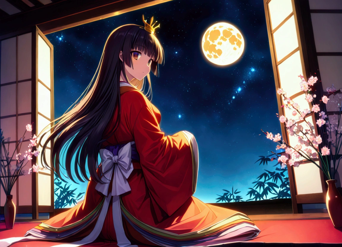 The World of Kaguyahime, hinamatsuri ohinasama, the figure standing looking at the moon is full of melancholy,  (heian red:1.1) japanese clothes, wide sleeves, red (karaginumo:1.1), layered kimono, 1girl solo, beautiful detailed hair, black hair (hime cut:1.2) very long hair spread out, (she sees full moon:1.3), (beautiful standing back view), super wide shot, cinematic lighting, beautifully lit, starry sky, light particles, from behind, (beautiful bamboo grove:1.1) 