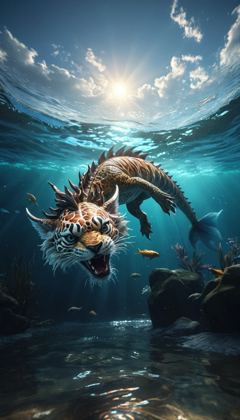 A mythical creature from the water(best quality,4K,8k,High level,masterpiece:1.2),Ultra Detailed,(lifelike,Photo real,Photo real:1.37),Highly detailed animals,Complex patterns,Realistic lighting,Fantasy Creatures