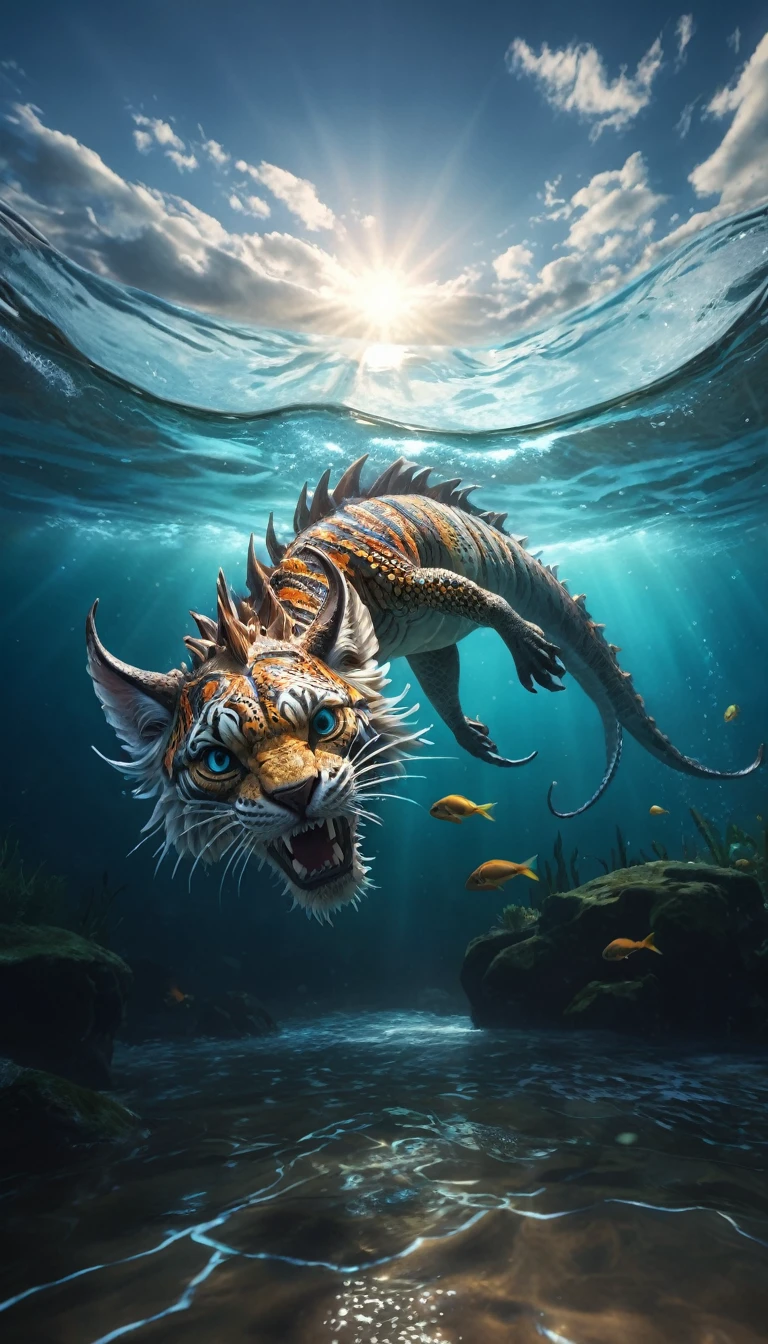 A mythical creature from the water(best quality,4K,8k,High level,masterpiece:1.2),Ultra Detailed,(lifelike,Photo real,Photo real:1.37),Highly detailed animals,Complex patterns,Realistic lighting,Fantasy Creatures