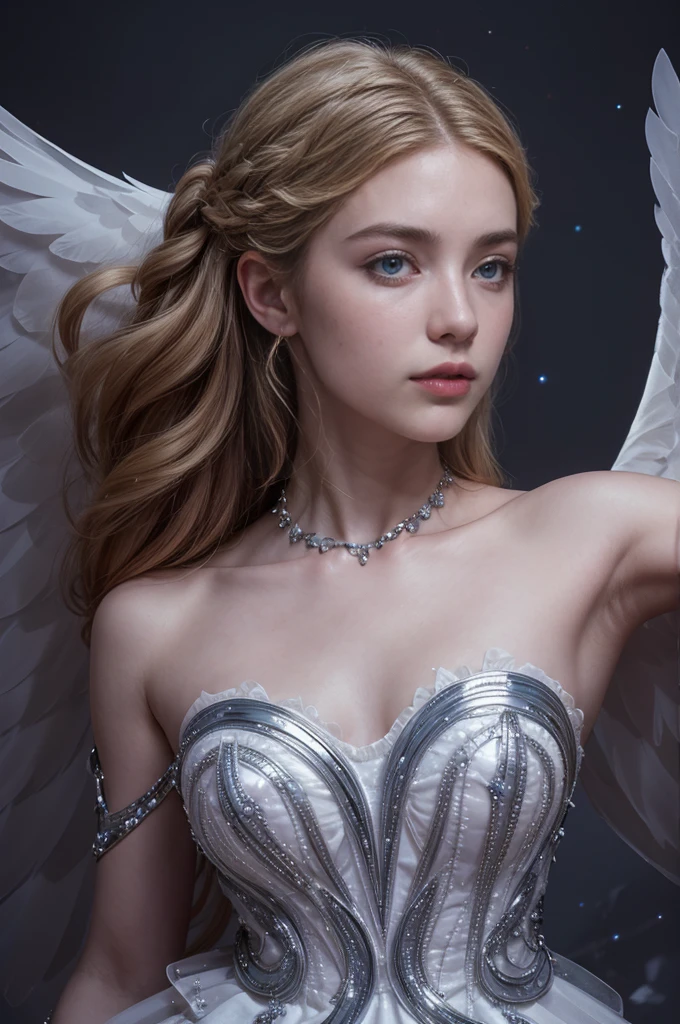 a beautiful young woman, Odette from Mobile Legends, elegant ballet dancer, long flowing white dress, graceful poses, enchanting blue eyes, delicate facial features, flowing silver hair, serene expression, glowing crystalline wings, ethereal and magical atmosphere, intricate fantasy background, shimmering lights, soft pastel colors, cinematic lighting, highly detailed, photorealistic, 8k, masterpiece