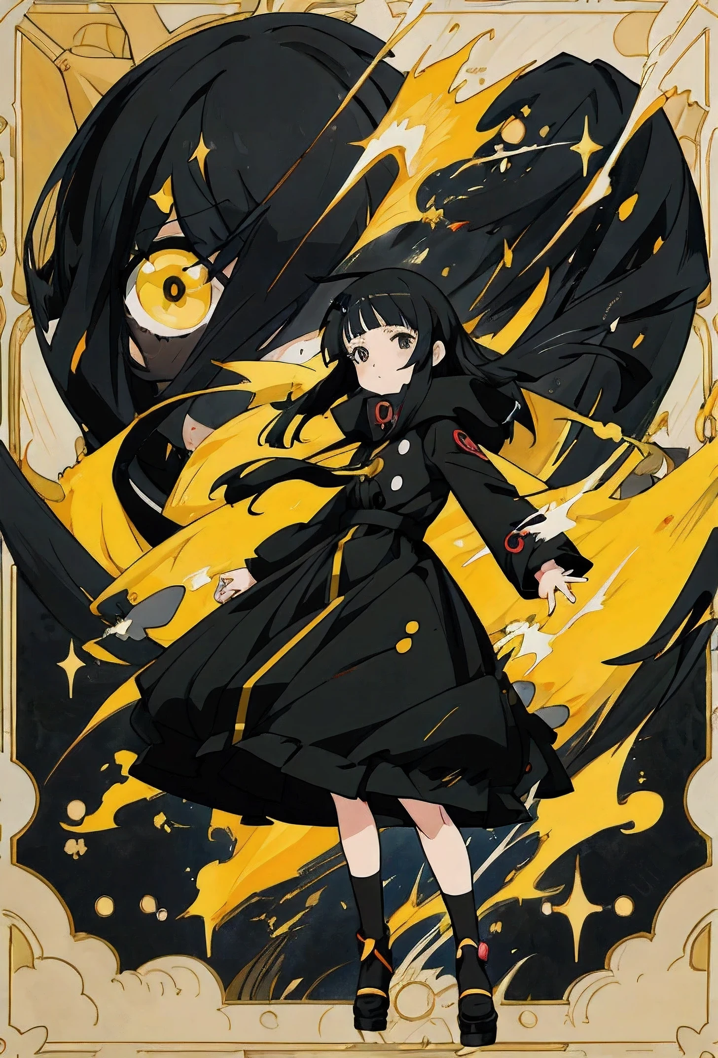 anime little with black hairs and black eyes wearing a yellow dress and coat, an anime drawing by Kamagurka, pixiv, auto-destructive art, anime visual of a cute girl, anime moe artstyle, anime style 4 k, detailed digital anime art, clean detailed anime art, cute anime girl, splash art anime , , anime style. 8k