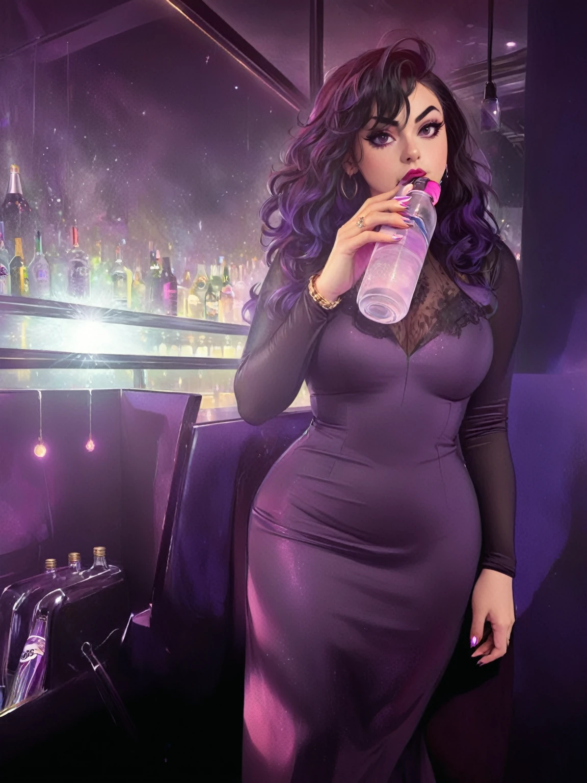 there is a woman in a black dress holding a bottle of water, Charli XCX, by John LaGatta, Charli Bowater, Promotional image, by Wayne England, in a night club, with a drink, yenfer, by Galen Dara, plus size woman, yenfer of vengerberg, drunk purple, by Kurt Roesch