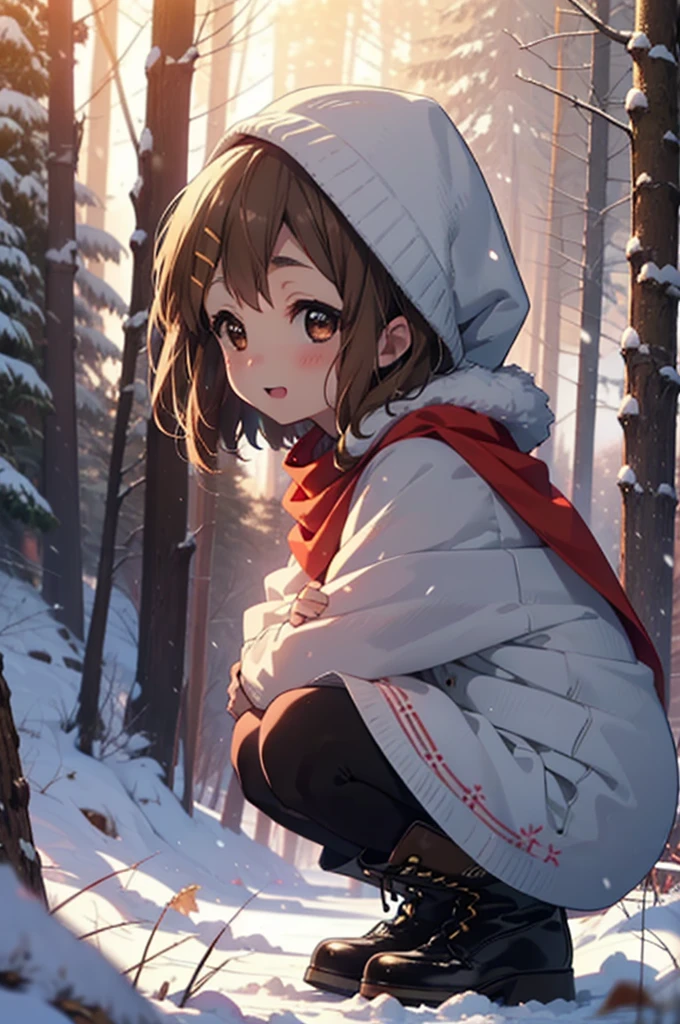 yuihirasawa, Yui Hirasawa, short hair, Brown Hair, hair ornaments, (Brown eyes:1.5), Hair Clip、smile,smile,blush,white breath,
Open your mouth,snow,Ground bonfire,, Outdoor, boots, snowing, From the side, wood, suitcase, Cape, Blurred, , forest, White handbag, nature,  Squat, Mouth closed, Cape, winter, Written boundary depth, Black shoes, red Cape break looking at viewer, Upper Body, whole body, break Outdoor, forest, nature, break (masterpiece:1.2), Highest quality, High resolution, unity 8k wallpaper, (shape:0.8), (Beautiful and beautiful eyes:1.6), Highly detailed face, Perfect lighting, Highly detailed CG, (Perfect hands, Perfect Anatomy),