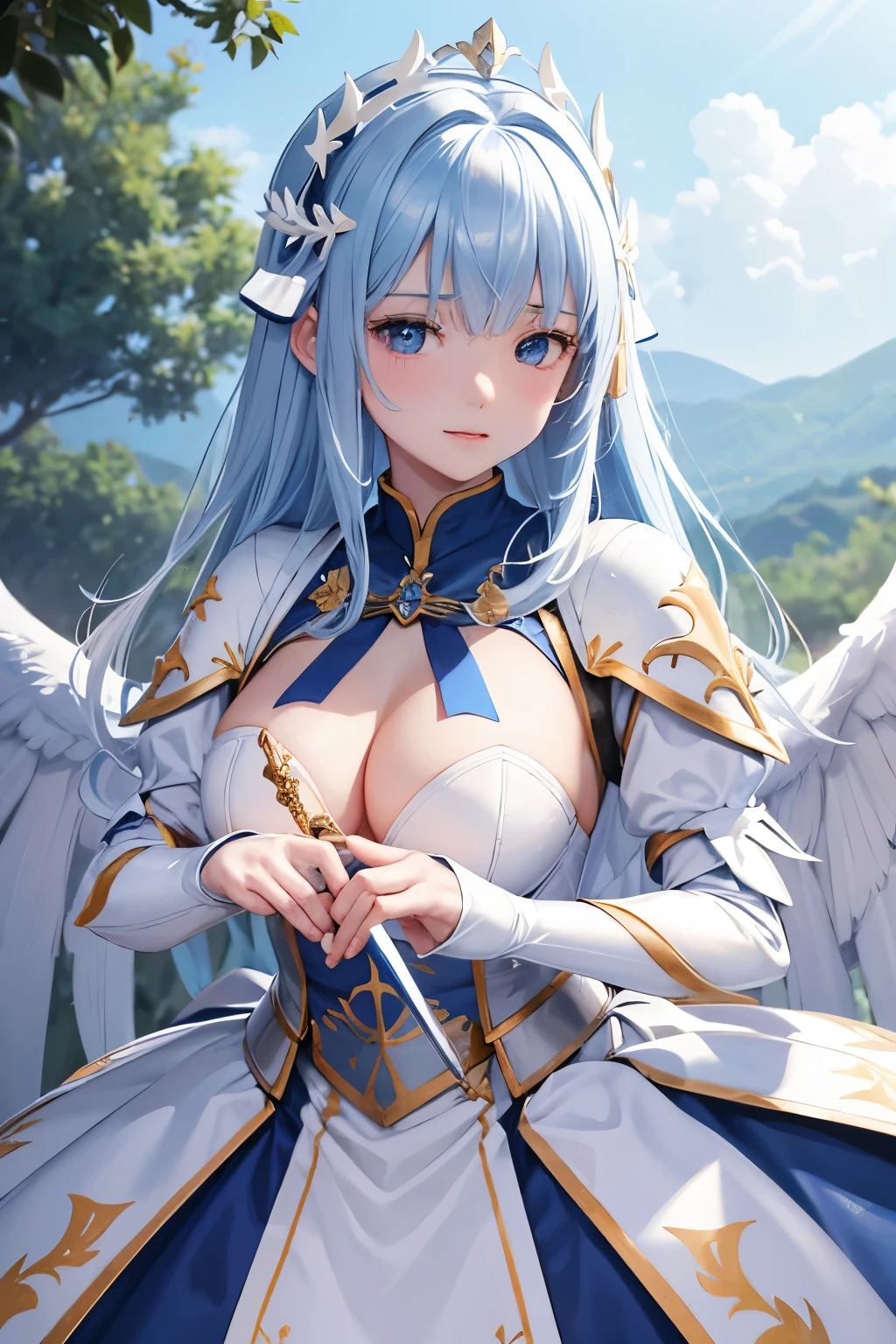 Knights of Paradise、White and blue armor、Leotard Armor、Umbilical cord、Skirt Armor、3Pair of huge wings、Lord Gabriel、Ritter Gabriel、alumina、Grasp the sword、Stigmata、(((SFW、sound、Highest quality、first-clasasterpiece、Normal body、8k、Detailed face、Ultra-precision、Normal hand、Normal finger、5Finger、Highest)))