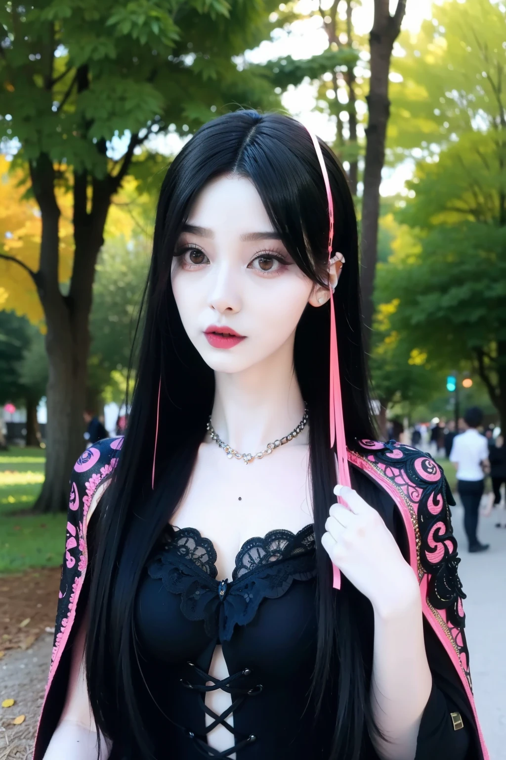 In a beautiful park a modern looking woman. It has a very colorful and striking kawaii gothic style.., with elegant makeup and a colorful wig.