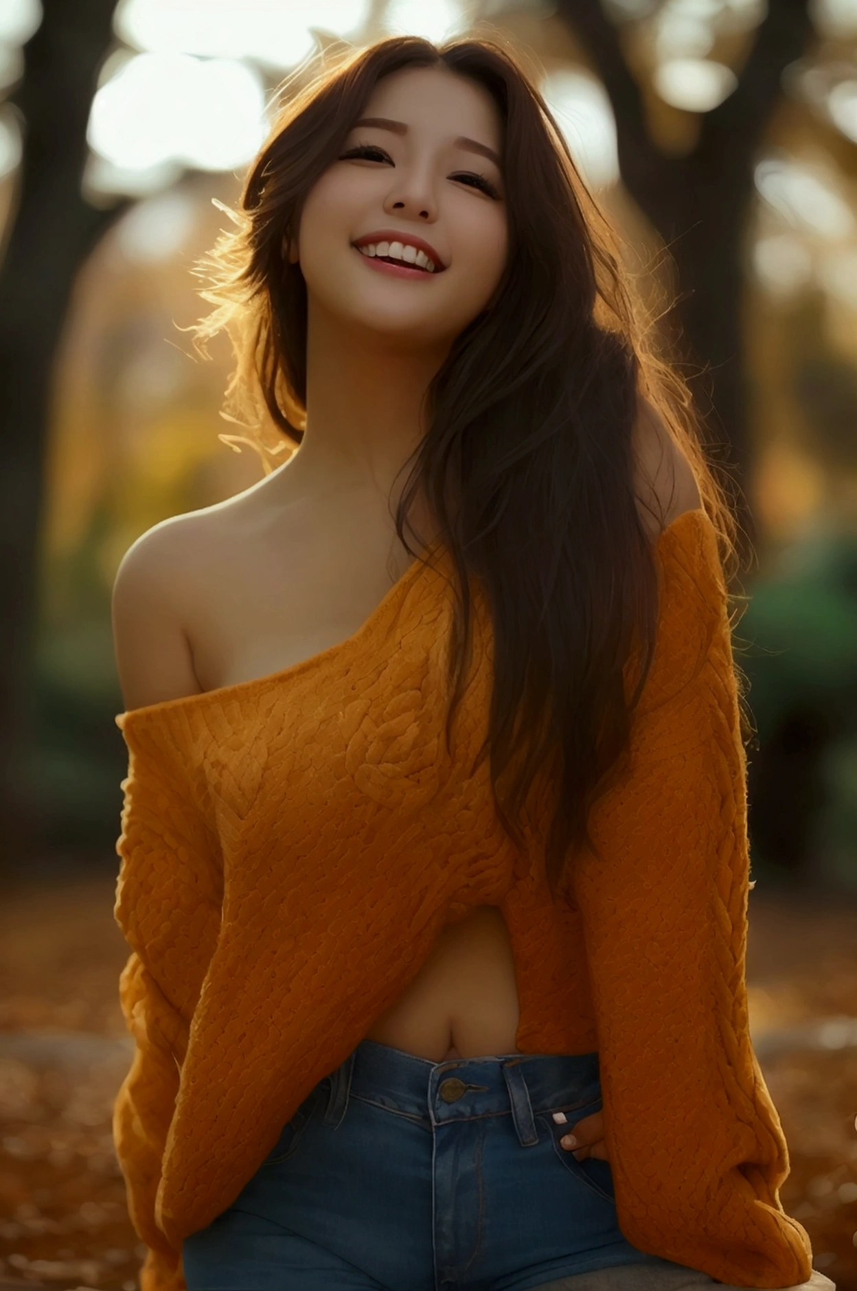 ung Woman, curve, The biggest breasts, Close your mouth and smile softly, Easy childbirth, Distressed jeans, Ribbed sweater, BREAK, Outdoors, public park,Huge boobs:(1.6),kpop idol