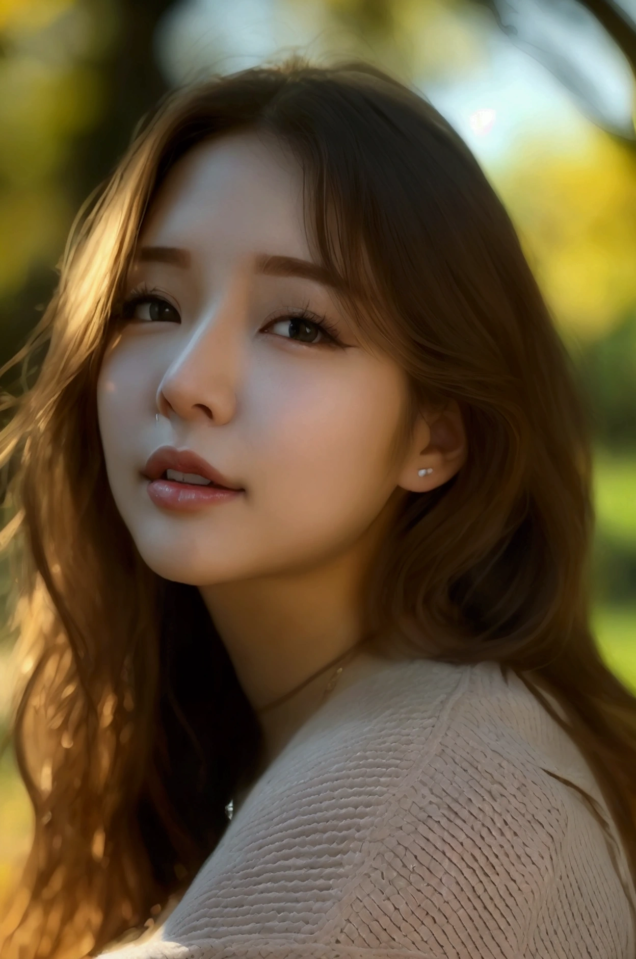 1 Young Woman, curve, The biggest breasts, Close your mouth and smile softly, Easy childbirth, Distressed jeans, Ribbed sweater, BREAK, Outdoors, public park,Huge boobs:(1.6),kpop idol
