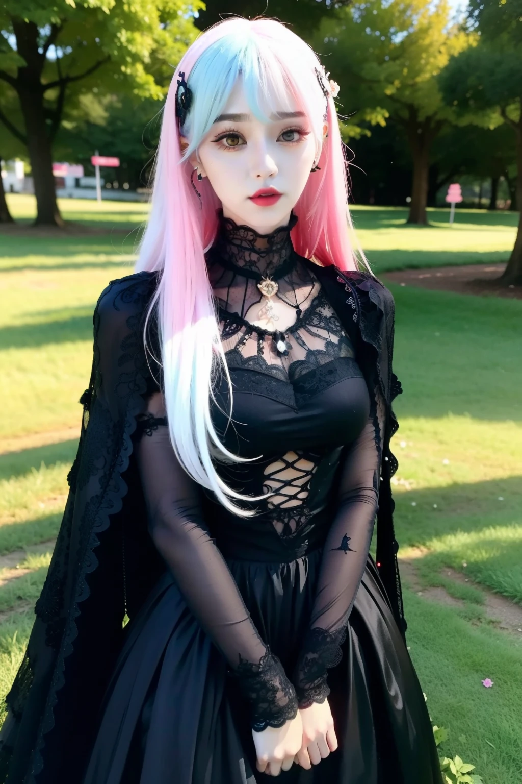 In a beautiful park a modern looking woman. It has a very colorful and striking kawaii gothic style.., with elegant makeup and a colorful wig.