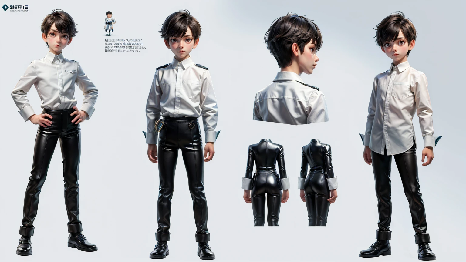 full body straight standing pose boy, cute face boy,  12yo student, Front Full body, blue side style hair, wearing leather style dress, white background, simple white background, character sheet,