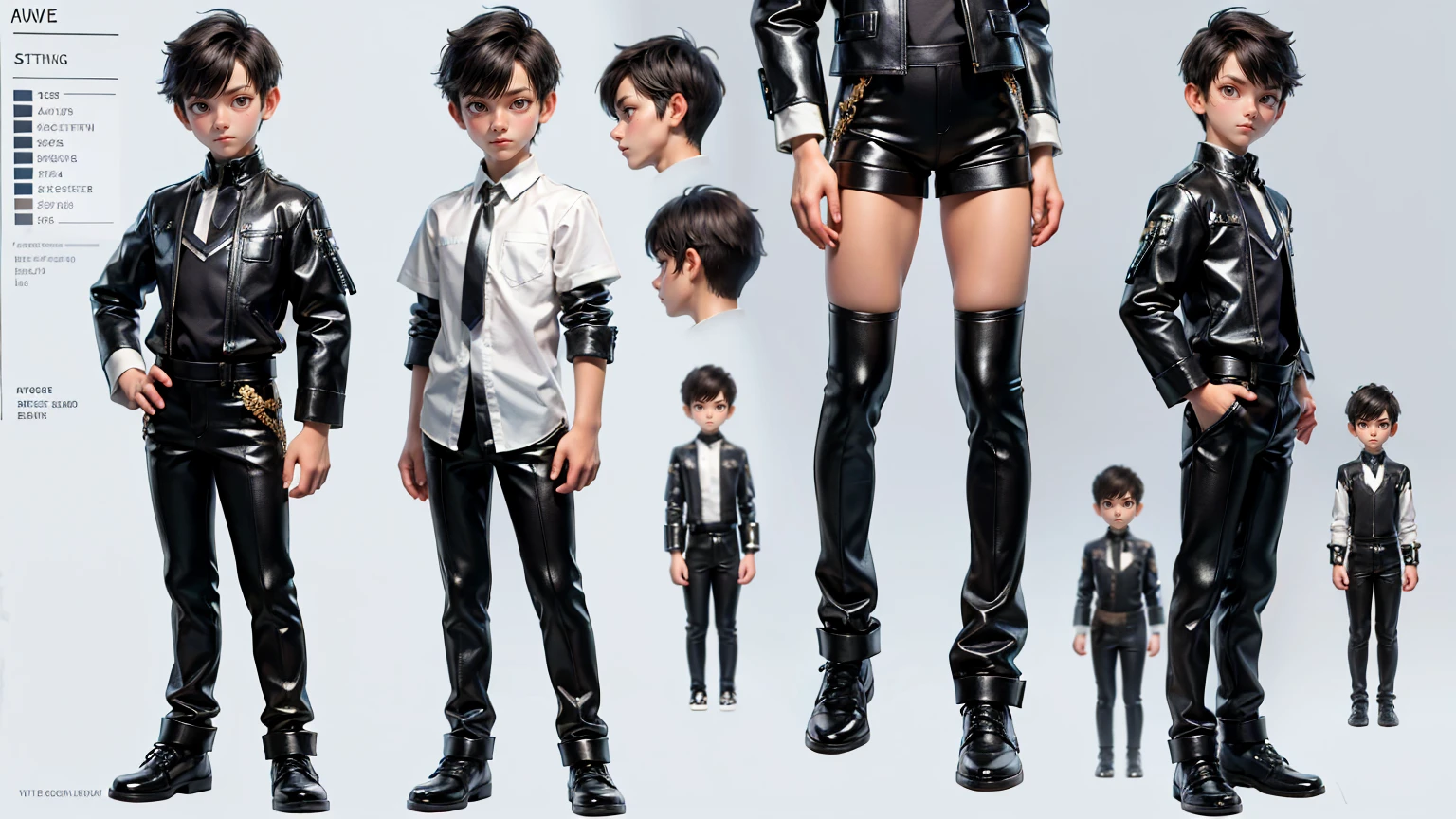 short height cute face boy, cute face, short height boy, wearing futuristic  white pent and shirt, full standing pose straight short   hairs, Character Sheet,  student, Full body, Simple white background, front pose character reference sheet, Concept art, design sheet