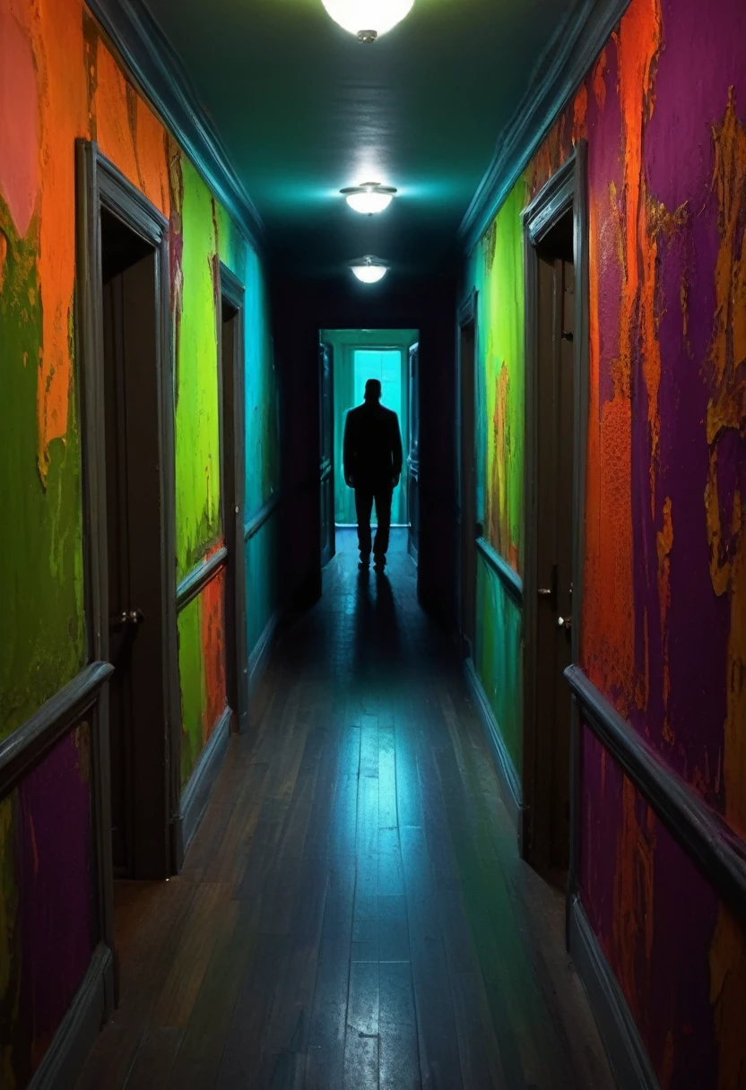 Faceless form looming in haunted hallway, Global illumination, Gorgeous splash of vibrant paint