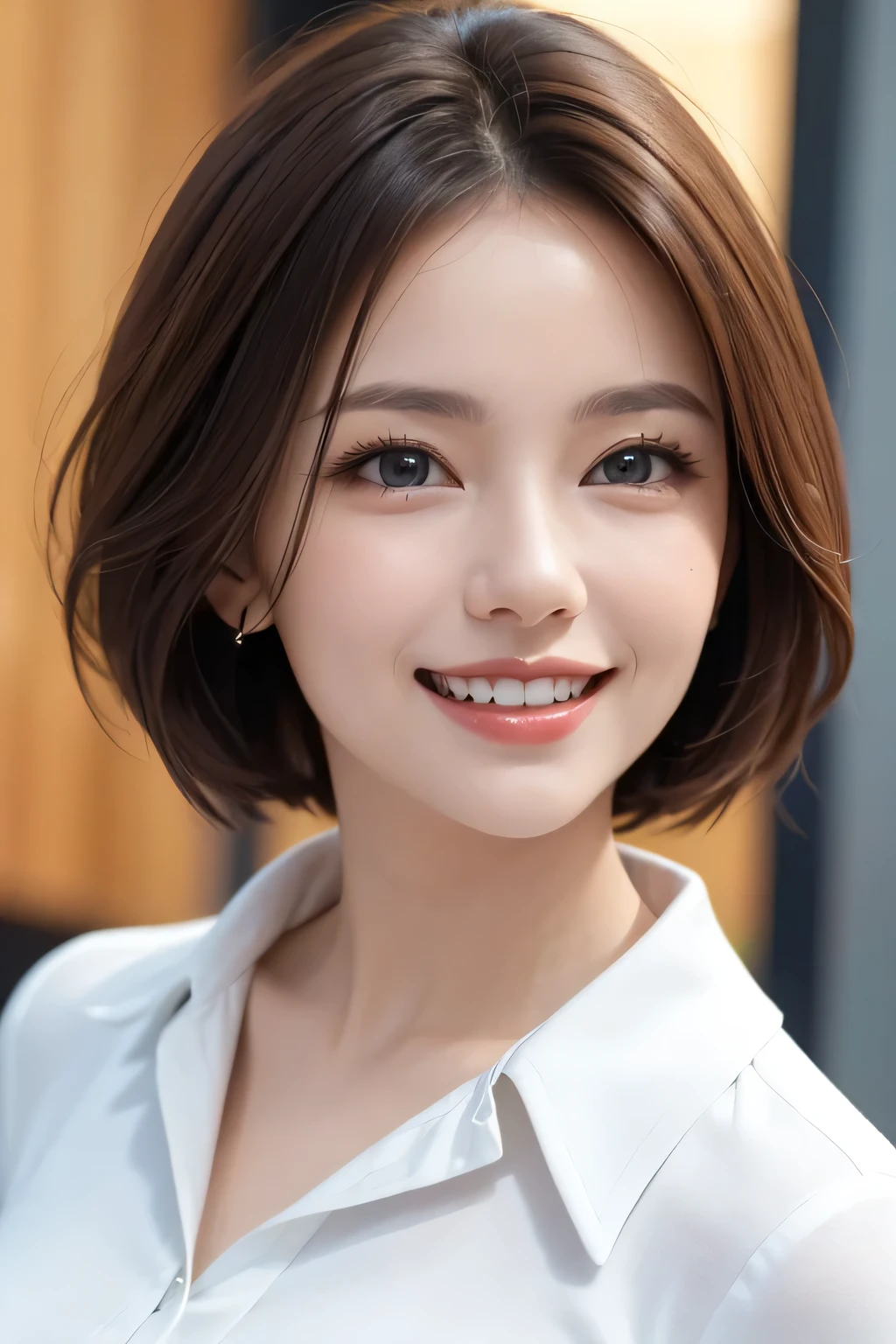 ((masterpiece)), ((Highest quality)), ((Complex)), ((Surreal)), (Realistic), (Mature Woman), ((No classes)), Very detailed, (1 female), Beautiful and exquisite, (Beautiful Teeth), Grin, Brunette bob hair, Brown eyes, ((blouse)), (Upper Body), (background:none), Perfect Eyes, Captivating eyes, Looking at the audience