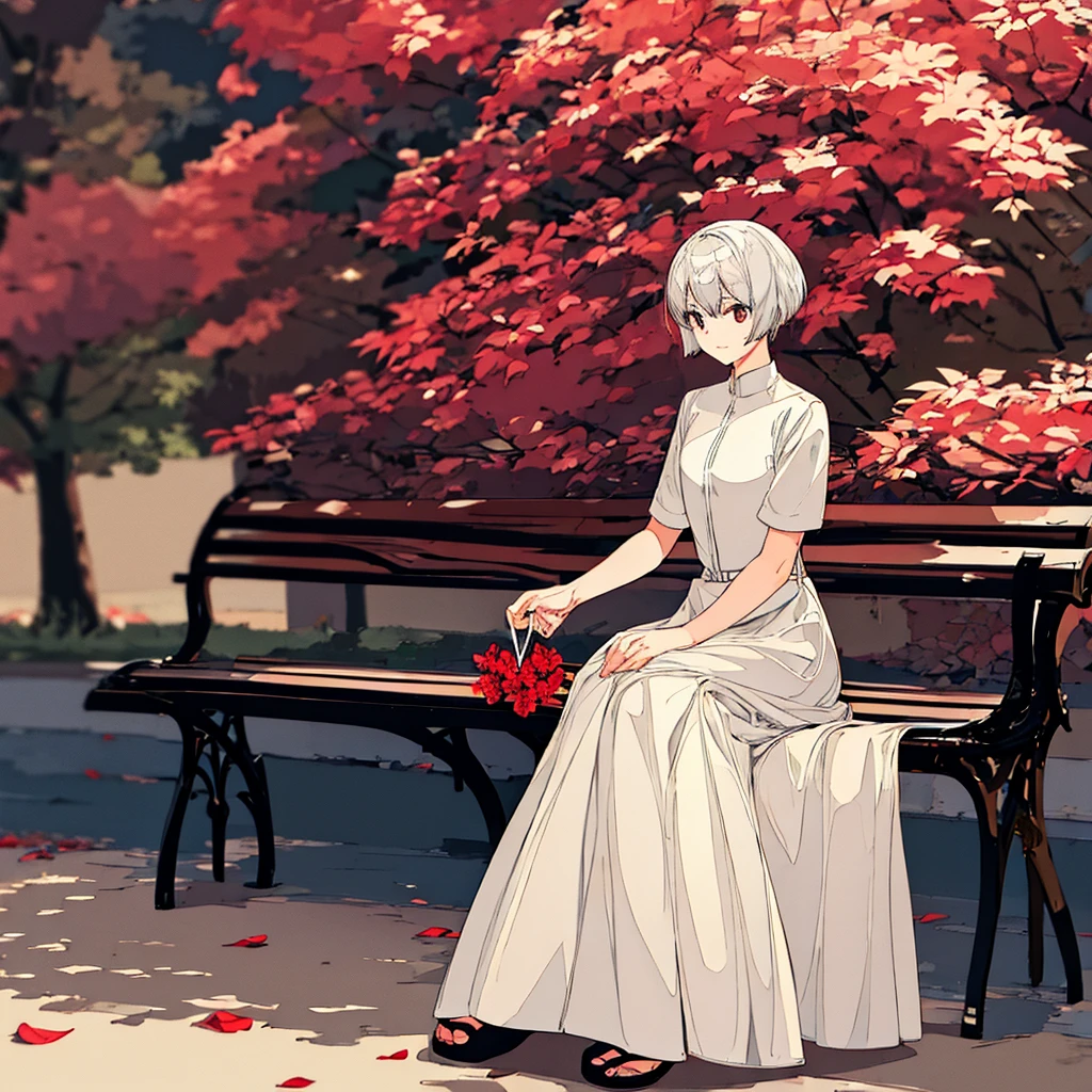 Light gray background, woman sitting on bench, silver hair, short hair, red flower
