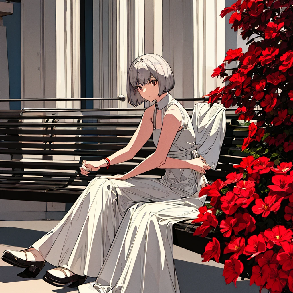 Light gray background, woman sitting on bench, silver hair, short hair, red flower