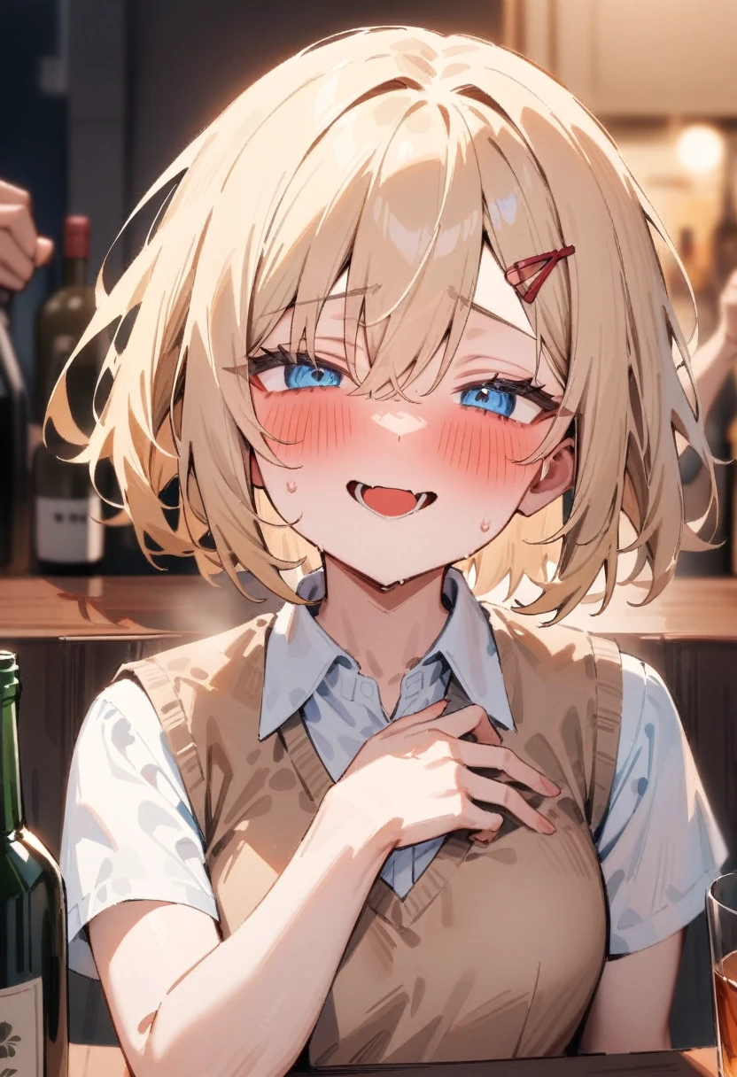 masterpiece, best quality, very aesthetic, absurdres, newest, asymmetrical bangs, 1girl, solo, blush, drunk, horror scene, looking at viewer, evil smile, short hair, open mouth, blue eyes, blonde hair, shirt, hair ornament, hair between eyes, white shirt, upper body, solo focus, hairclip, collared shirt, head tilt, pov, hand on own chest, sweater vest, yandere, bottle, drinking glass, alcohol,