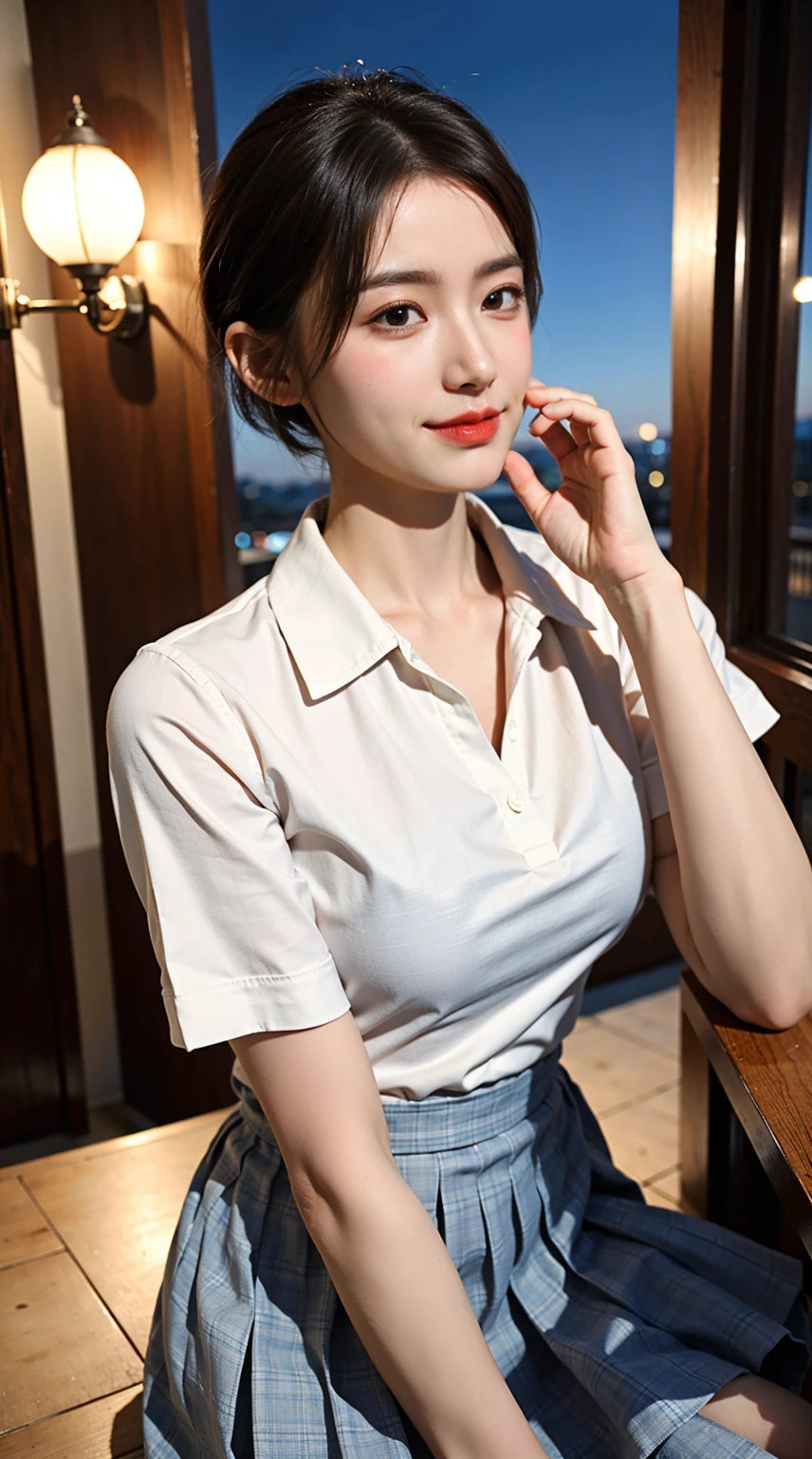 (8k, RAW photo, best quality, masterpiece:1.2), (realistic, photo-realistic:1.37), ultra-detailed, 1 girl,cute, solo,beautiful detailed sky,detailed cafe,night,sitting,dating,(nose blush),(smile:1.1),(closed mouth), medium breasts,beautiful detailed eyes,(collared shirt:1.1), bowtie,pleated skirt,(short hair:1.2),floating hair