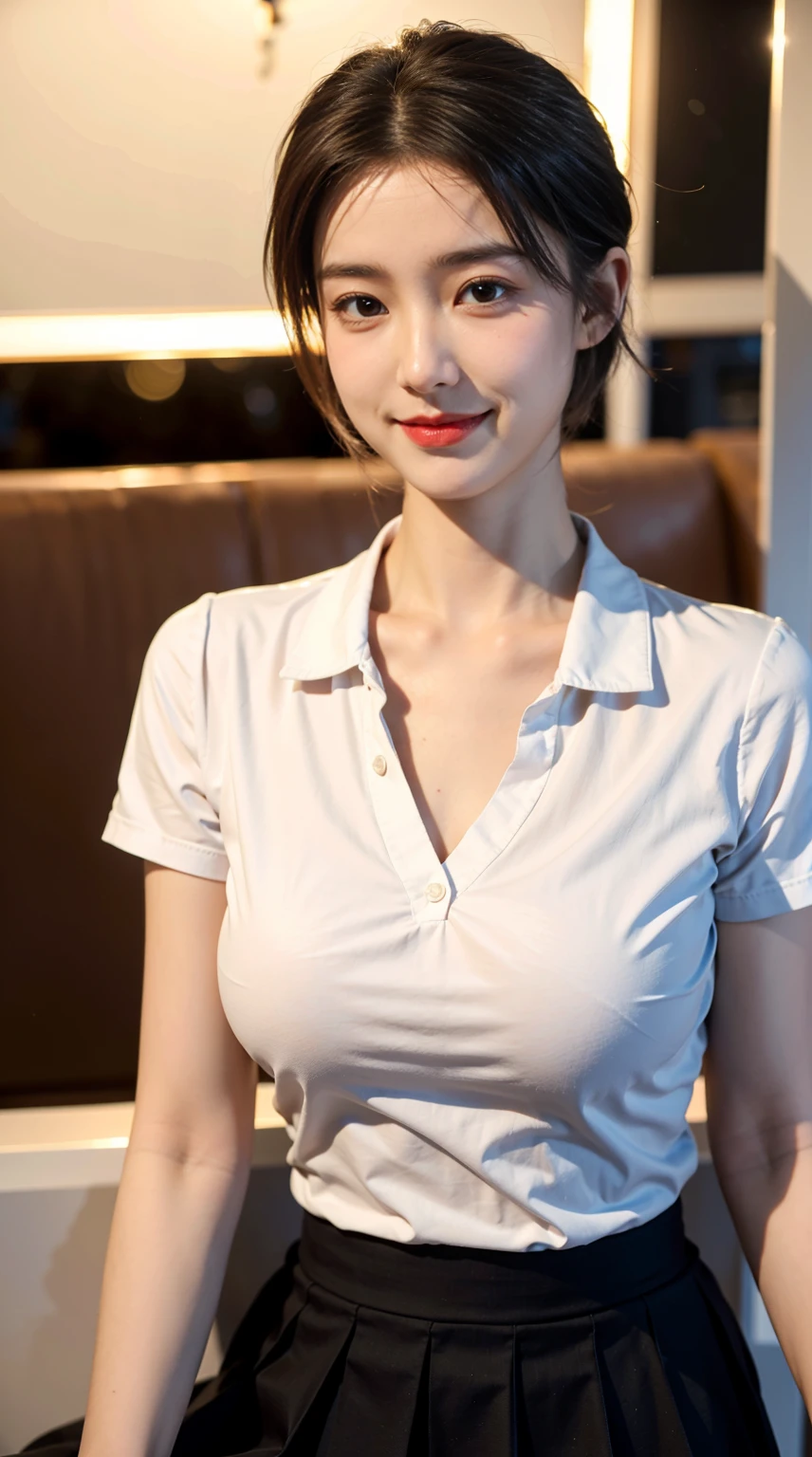 (8k, RAW photo, best quality, masterpiece:1.2), (realistic, photo-realistic:1.37), ultra-detailed, 1 girl,cute, solo,beautiful detailed sky,detailed cafe,night,sitting,dating,(nose blush),(smile:1.1),(closed mouth), medium breasts,beautiful detailed eyes,(collared shirt:1.1), bowtie,pleated skirt,(short hair:1.2),floating hair