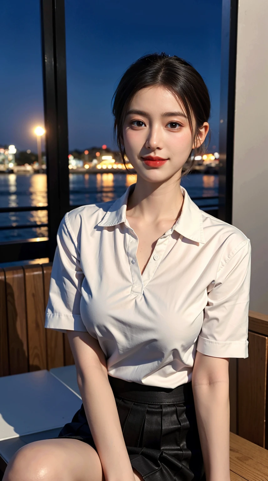 (8k, RAW photo, best quality, masterpiece:1.2), (realistic, photo-realistic:1.37), ultra-detailed, 1 girl,cute, solo,beautiful detailed sky,detailed cafe,night,sitting,dating,(nose blush),(smile:1.1),(closed mouth), medium breasts,beautiful detailed eyes,(collared shirt:1.1), bowtie,pleated skirt,(short hair:1.2),floating hair