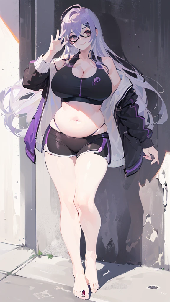 cement wall, Beautiful shades, (standing:1.5), city background, sunlight reflection, morning, soft shading, Dynamic Pose Dynamic Angle, [ 4k digital art ]!!,(big bust, prominent cleavage:1.5), (Black eyes with a slight purple tint:1.5), (a devastated expression, dead eyes, dark atmosphere:1.5), (Very white and long hair with a bluish tint, weak perm:1.5), (sports bra, extra long sports jacket, hot pants, :1.5), (bare foot, round-rimmed glasses:1.5), (Aegyo belly fat:1.5), (smiling faintly:1.5),(thin legs:1.1)