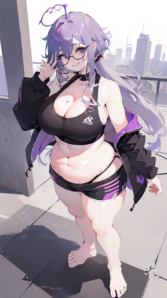 cement wall, Beautiful shades, (standing:1.5), city background, sunlight reflection, morning, soft shading, Dynamic Pose Dynamic Angle, [ 4k digital art ]!!,(big bust, prominent cleavage:1.5), (Black eyes with a slight purple tint:1.5), (a devastated expression, dead eyes, dark atmosphere:1.5), (Very white and long hair with a bluish tint, weak perm:1.5), (sports bra, extra long sports jacket, hot pants, :1.5), (bare foot, round-rimmed glasses:1.5), (Aegyo belly fat:1.5), (smiling faintly:1.5),(thin legs:1.1)