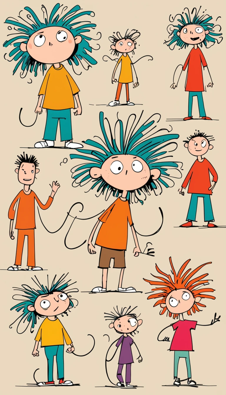 (((Exaggerated digital character sketches:1.37,Matchstick Men))).(1 huge cat:1. girl,(Exaggerated expression,Exaggerated hairstyle),Messy hair),(Black sketch lines,Loose brushstrokes create the outline,Cartoon Style. Bright colors and simplified lines, sketch)。(Exaggerated body movements),(Large area of blank)