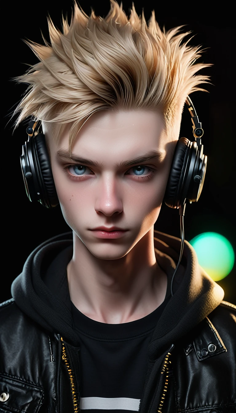 Meticulous, analog style, focus on the eyes, highest quality, (highly detailed skin), photo of very handsome pale skin Dutch punk boy, 21 years old, (wearing headphones), perfect face, pore skin, (penetration:0.5), black background, (bokeh:0.6), sharp focus, grainy lighting, (backlight:0.7), film grain, photographed with Sony A7R IV camera, 18mm F/1.7 cine lens, (highly detailed, intricate detail), 8k, HDR, front view, (upper body: 0.9)