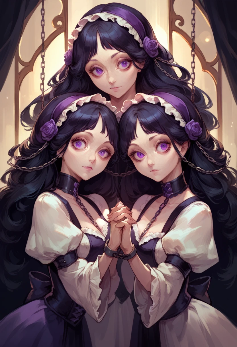 score_9, score_8_up, score_7_up, score_6_up, Character concept art of two twins holding hands, lolita fashion, split white and black hair, creepy smiles, purple eyes with abstract white shapes in them, surrounded by arcing chains and mirrors, high detail establishing shot. cinematic, bokeh, use of color theory