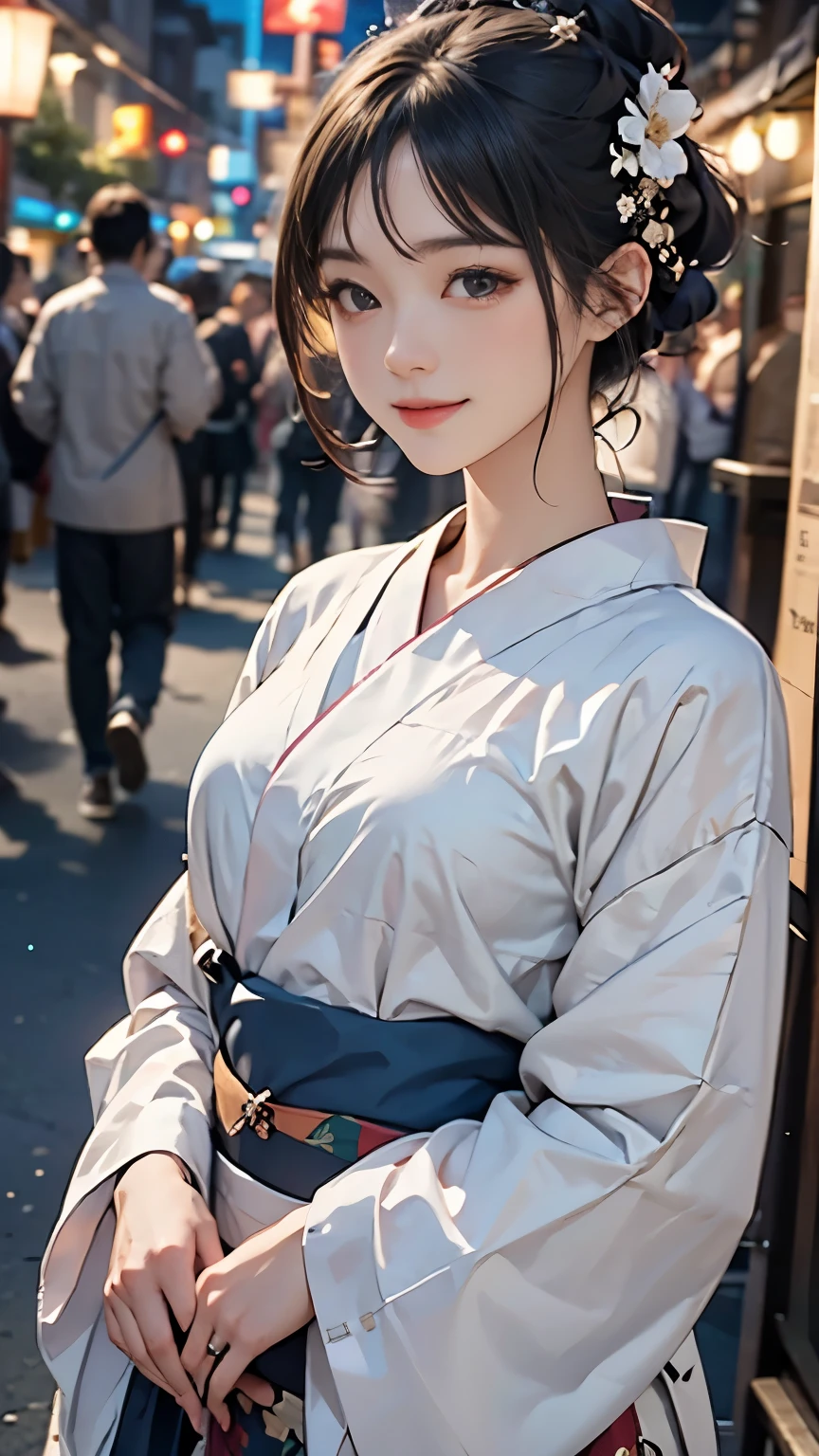 masterpiece, Highest quality, Absurd, Perfect Anatomy, One girl, alone, PascalTales, short hair, beautiful, Hilarious, Moonlit Night, Summer festival, Summer winds, Sexy yukata, Floral, Wavy Hair, smile