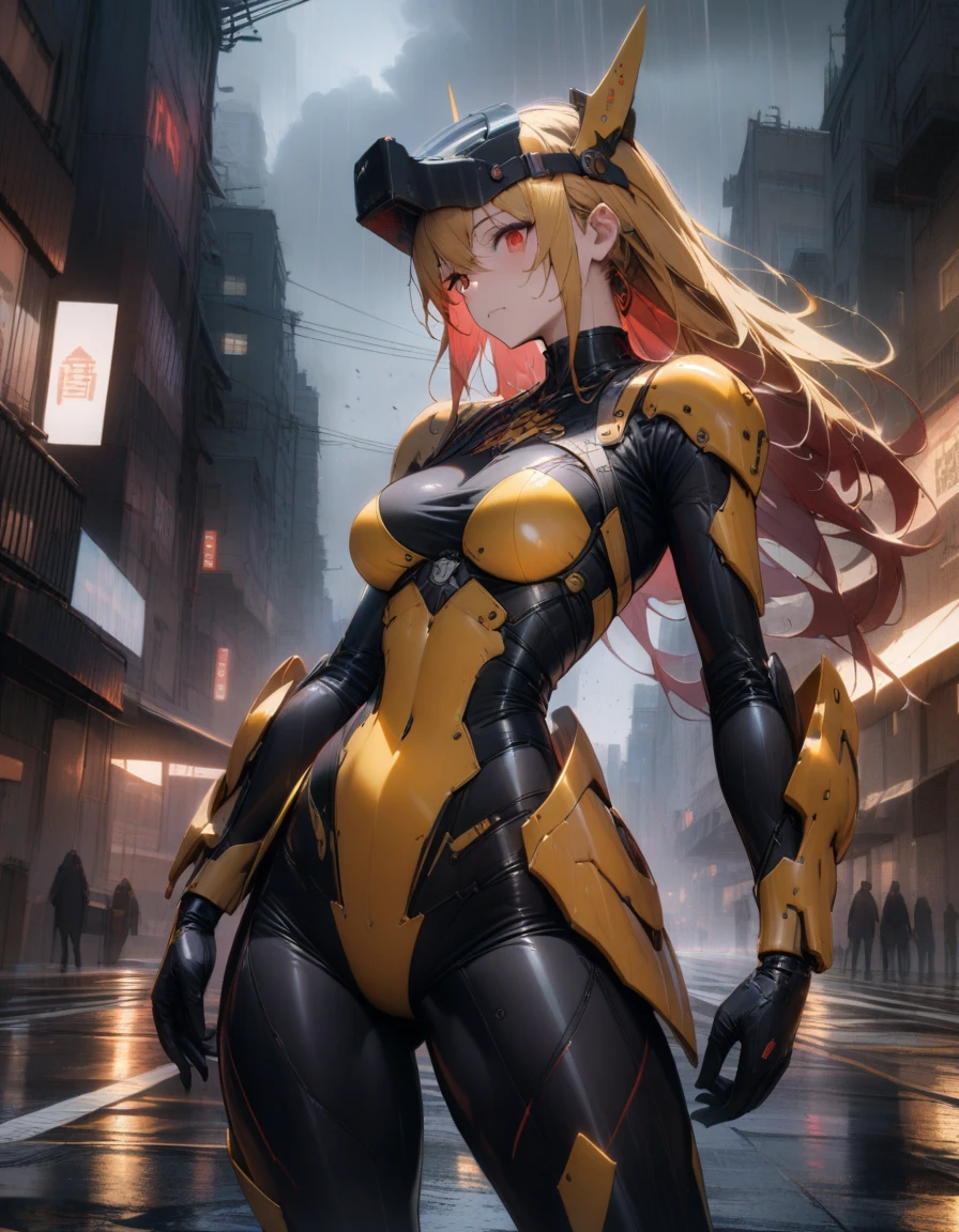 1 Japanese girl, Warframe, Intricate pattern, Heavy metal, Power lines, Anonymous, Ojuelos, elegant, intense, Blood red and black uniform, only, modern, city, streets, dark clouds, Storm, strong rains,, Dramatic lighting,, (Masterpiece:1.2), The best quality, high resolution, superb detail, extremely detailed, perfect lighting, yellow armor, Technological helmet with black visor, Futuristic apocalyptic city.