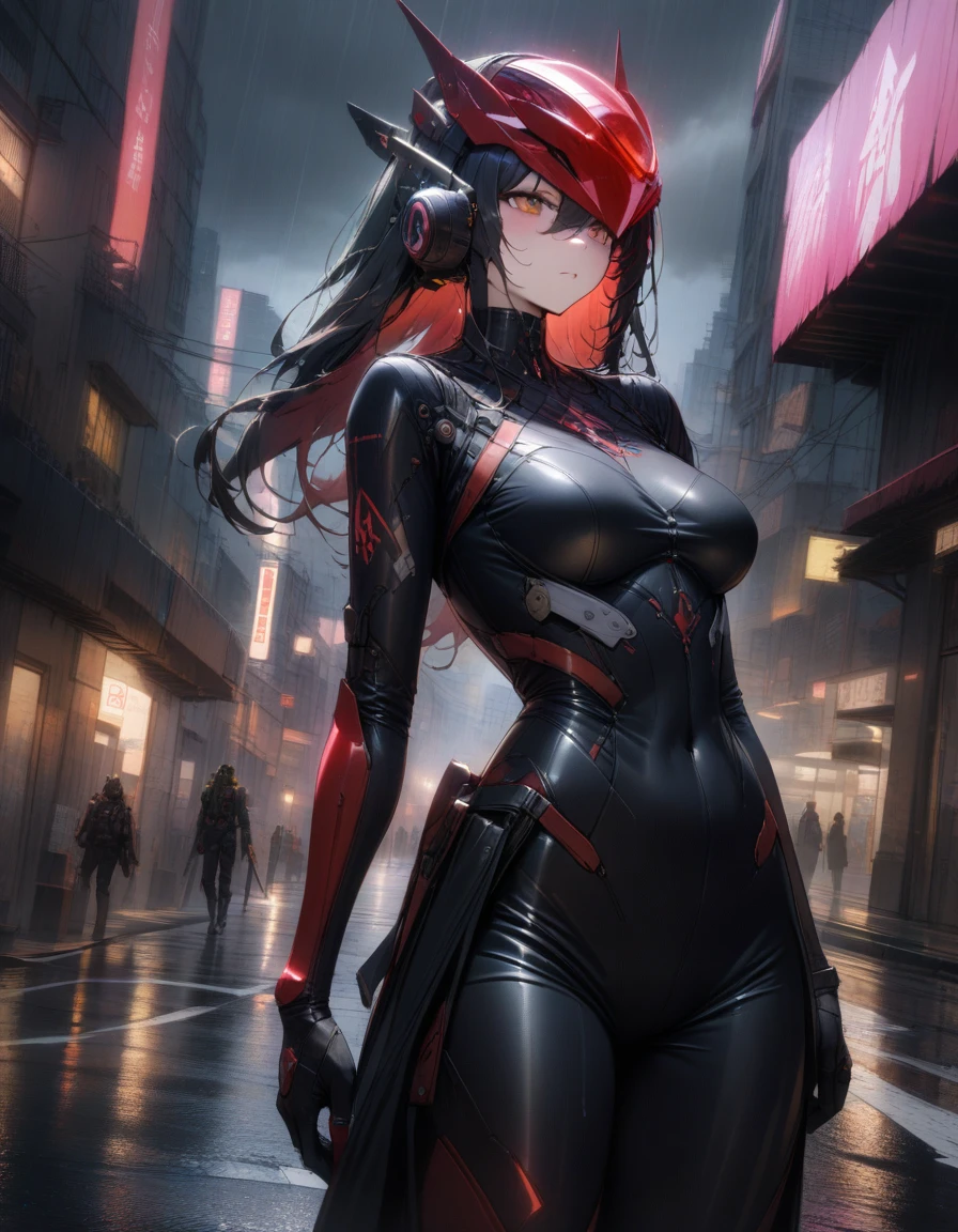 1 Japanese girl, Warframe, Intricate pattern, Heavy metal, Power lines, Anonymous, Ojuelos, elegant, intense, Blood red and black uniform, only, modern, city, streets, dark clouds, Storm, strong rains,, Dramatic lighting,, (Masterpiece:1.2), The best quality, high resolution,   superb detail, extremely detailed, perfect lighting, yellow armor, Technological helmet with black visor, Futuristic apocalyptic city.