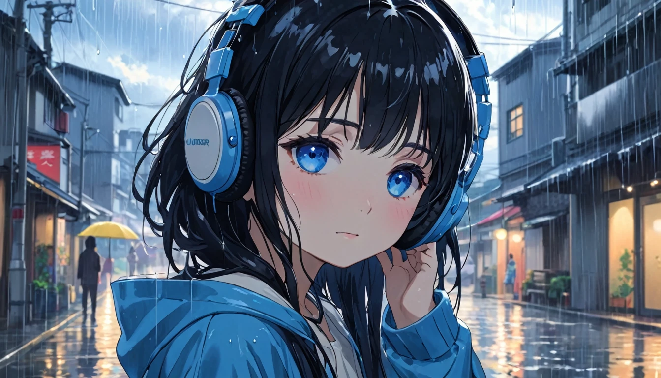 girl, Black Hair, blue eyes, simple , Under the Rain, The girl sadly turns her face to the sky, 夜のUnder the Rainで((Headphones))