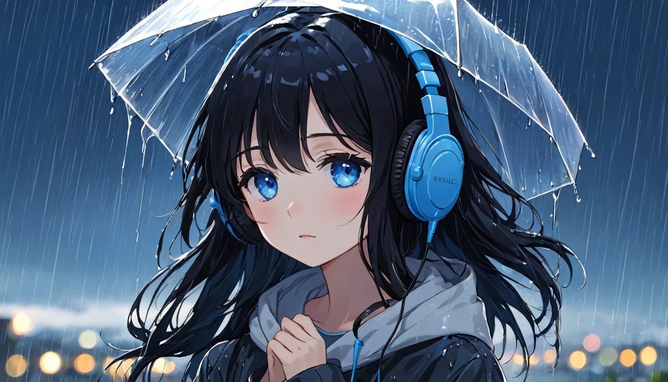 girl, Black Hair, blue eyes, simple , Under the Rain, The girl sadly turns her face to the sky, 夜のUnder the Rainで((Headphones))