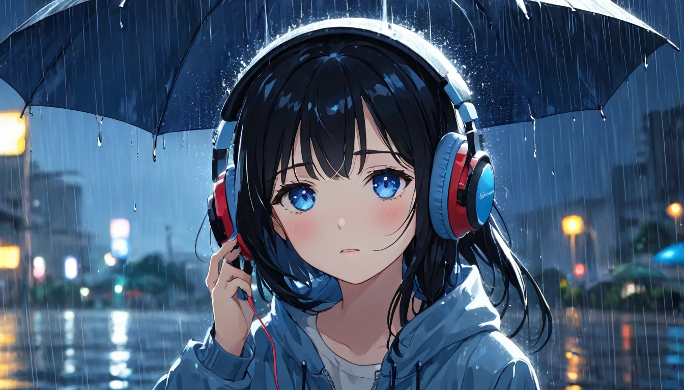 girl, Black Hair, blue eyes, simple , Under the Rain, The girl sadly turns her face to the sky, 夜のUnder the Rainで((Headphones))