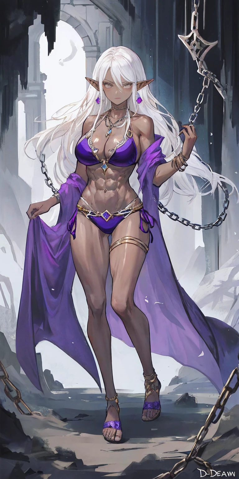 Appearance
Gender: Female
Age: Mature
Race: Drow (elf with dark skin and white hair)
Height: Full-body
Skin: Gray
Hair: White
Eyes: Purple
Attire: Bikini, revealing abdominal muscles
Accessories: Large earrings, ragged rags, chain necklace