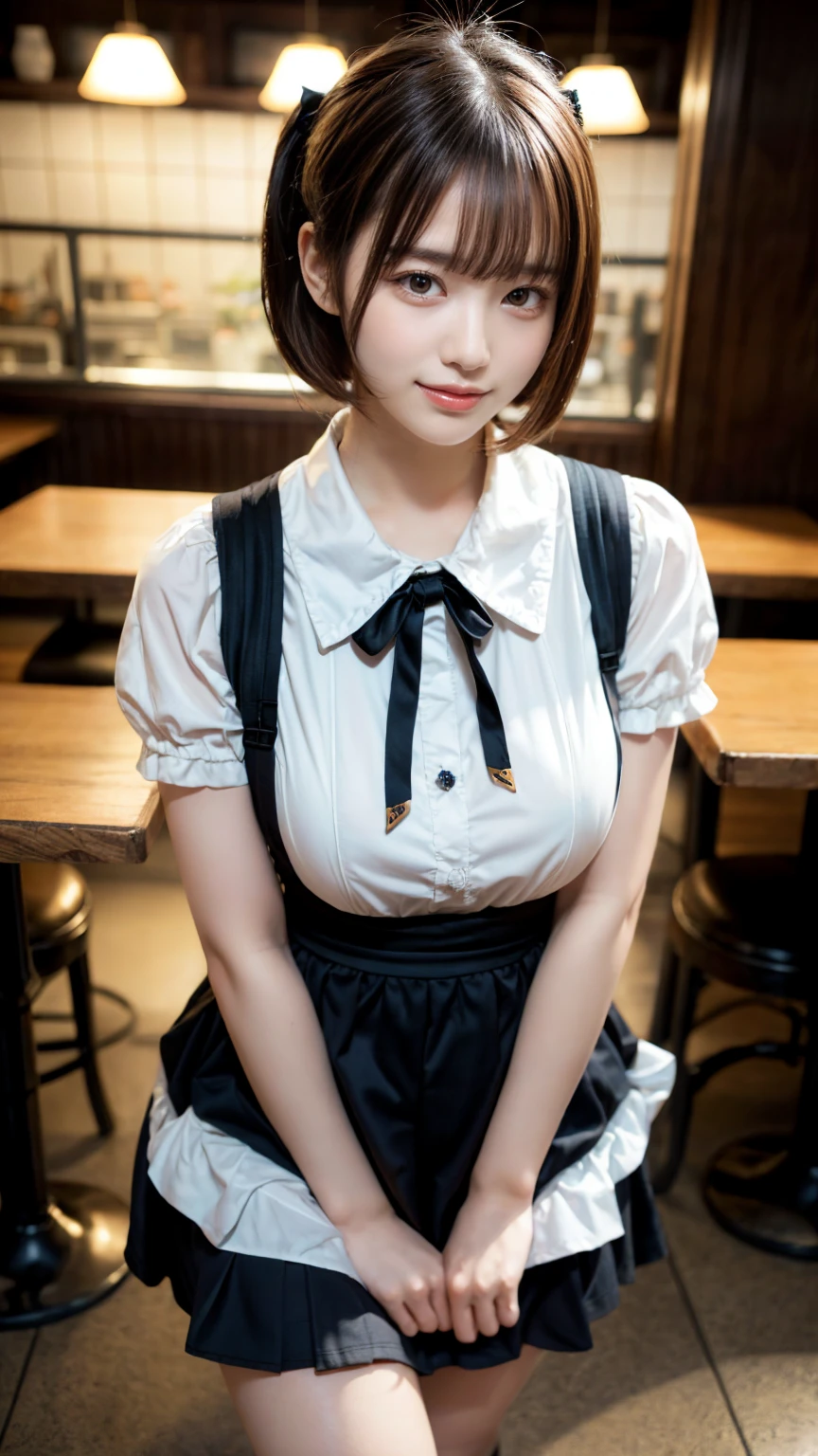 masterpiece, best quality, illustration, Super detailed, fine details, High resolution, 8K,wall paper, perfect dynamic composition,(Details High quality, realistic depiction of eyes:1.3), waitress uniform, restaurant, large breasts, short bob hair、black hair color, Big Natural Color Lip, bold sexy pose, crying a little、little smile, Harajuku style、20 year old girl、cute type、ta、beautiful legs, gravure idol, Voluptuous thighs