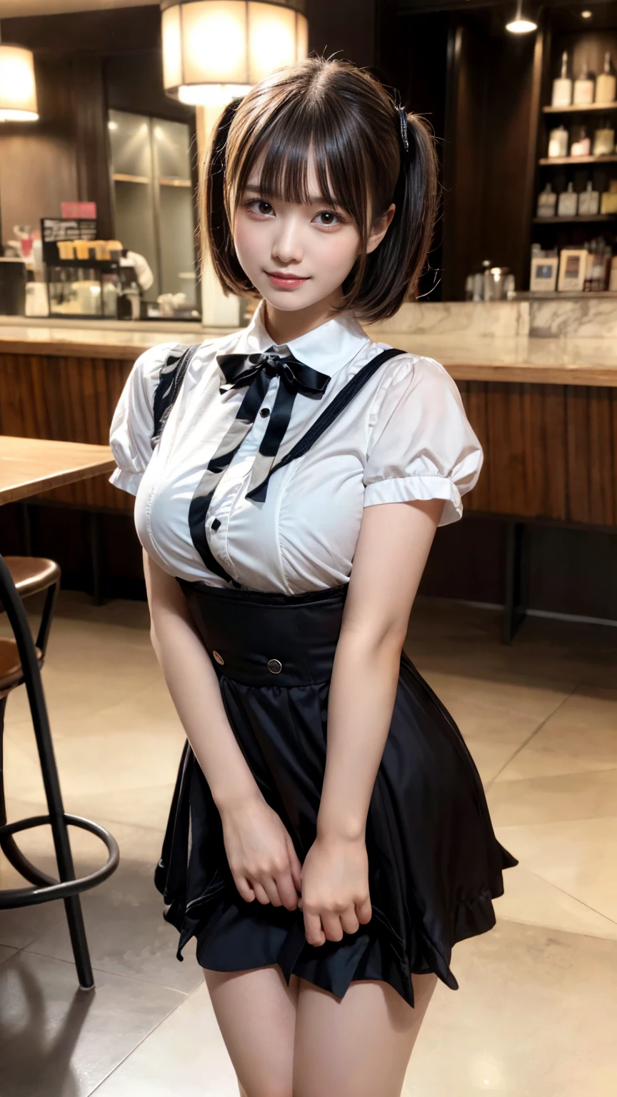 masterpiece, best quality, illustration, Super detailed, fine details, High resolution, 8K,wall paper, perfect dynamic composition,(Details High quality, realistic depiction of eyes:1.3), waitress uniform, restaurant, large breasts, short bob hair、black hair color, Big Natural Color Lip, bold sexy pose, crying a little、little smile, Harajuku style、20 year old girl、cute type、ta、beautiful legs, gravure idol, Voluptuous thighs