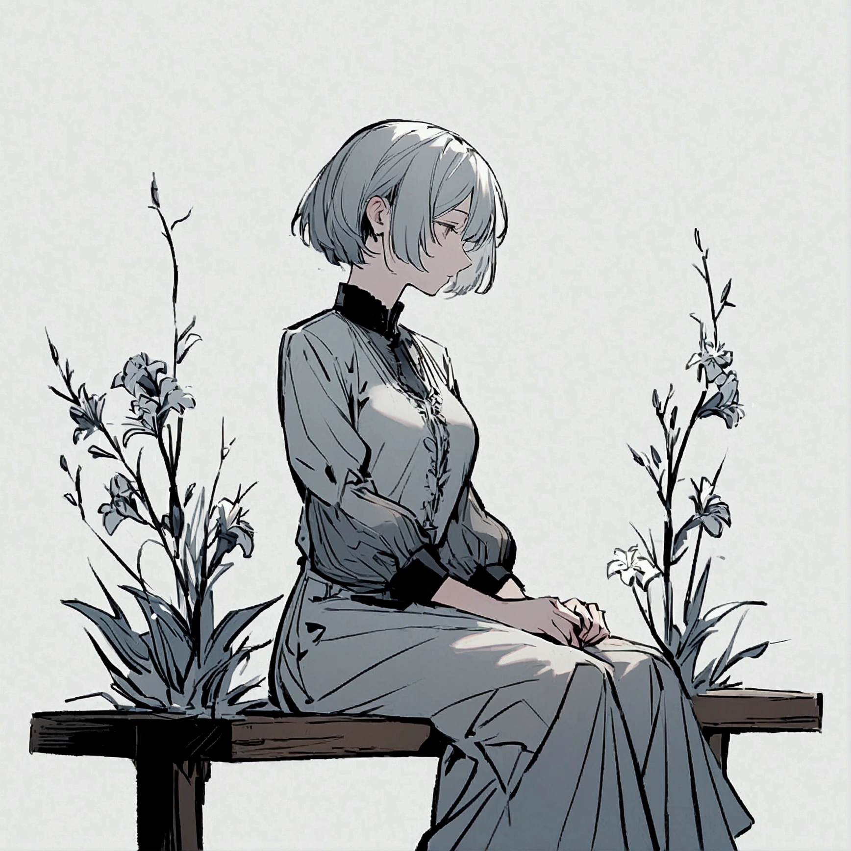 Light gray background Woman sitting on bench Silver hair Short hair Withered flowers