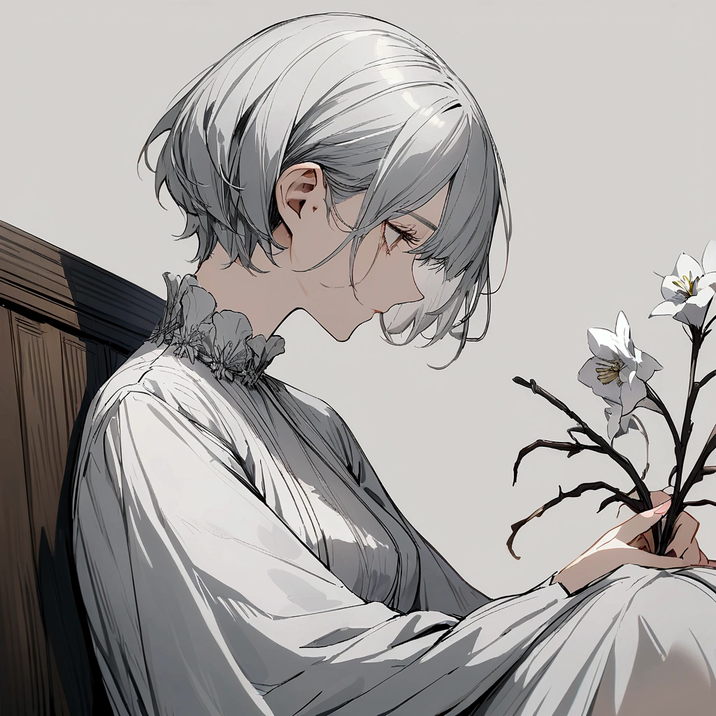 Light gray background Woman sitting on bench Silver hair Short hair Withered flowers