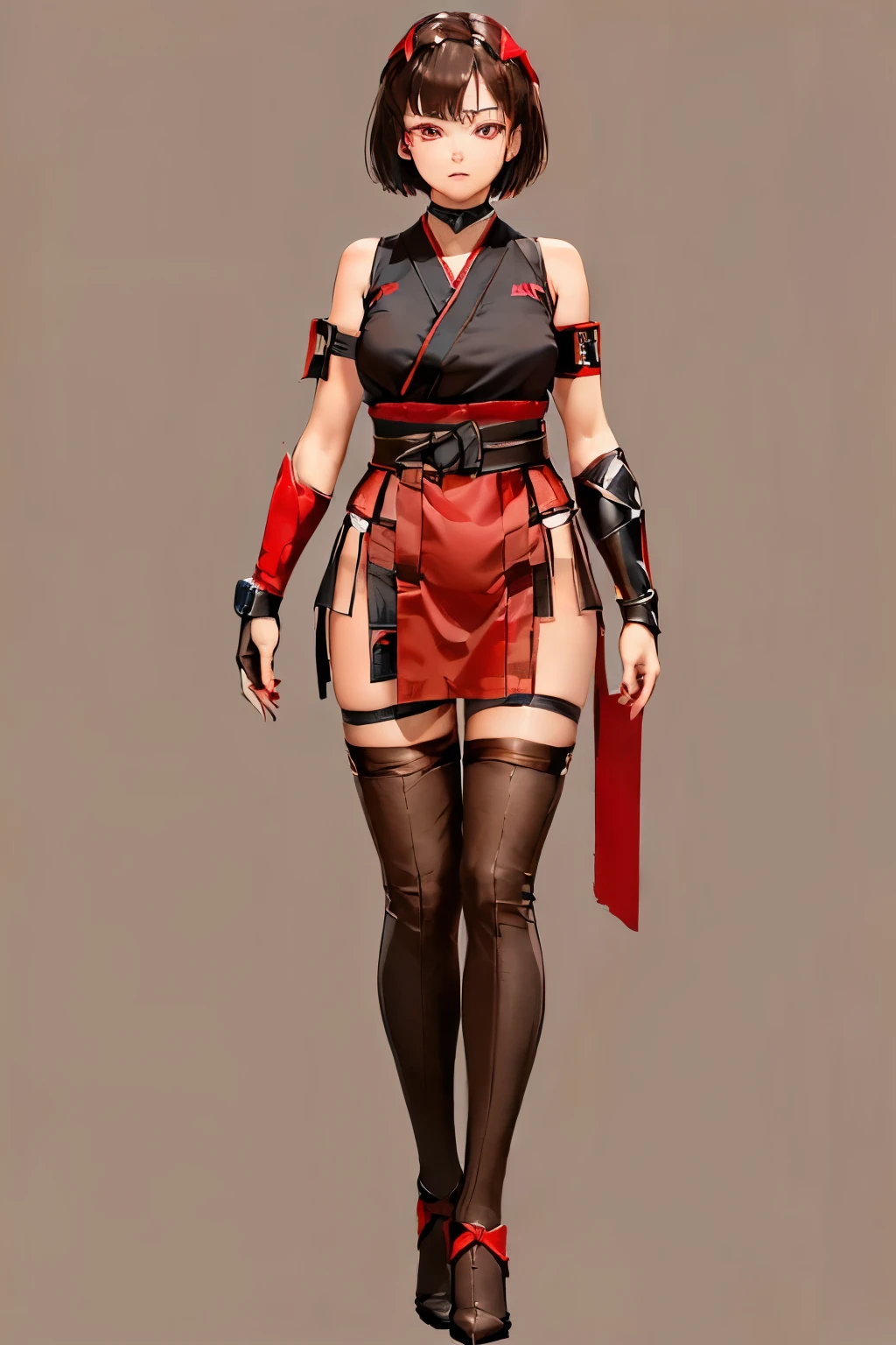 (tall:2),(masterpiece:1.2),(best quality:1.2),(full body:2), (1girl:2), (standing:2), (pupple short kimono:1.2),(black short hair:1.2),(bracer:2), (beauty face:2), (gloves:1.2), (brown thighhighs:2), (simple background:2),(knees together:2),(ninja:2),(red sash:2),(22 age girl:2),(big beautiful red eyes:2)