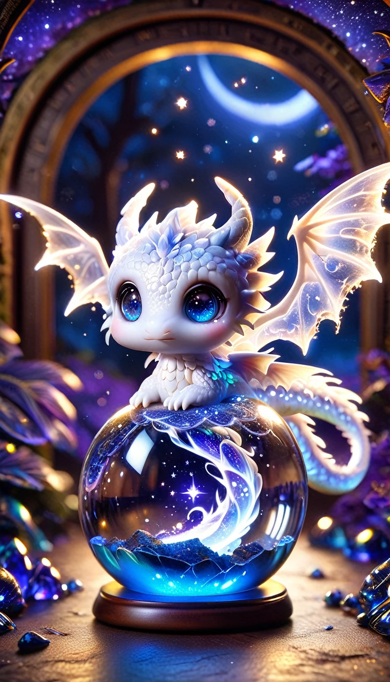 Absurd, High resolution, Very detailed, High resolution, masterpiece, Highest quality, ( Trapped in a crystal ball) Little White Dragon, Expressive blue eyes, White eyelashes, blue horns, wing, Fantasy Magic Background, Shiny, The Shining, Purple Lightning, Floating round light, Starry Sky, blank