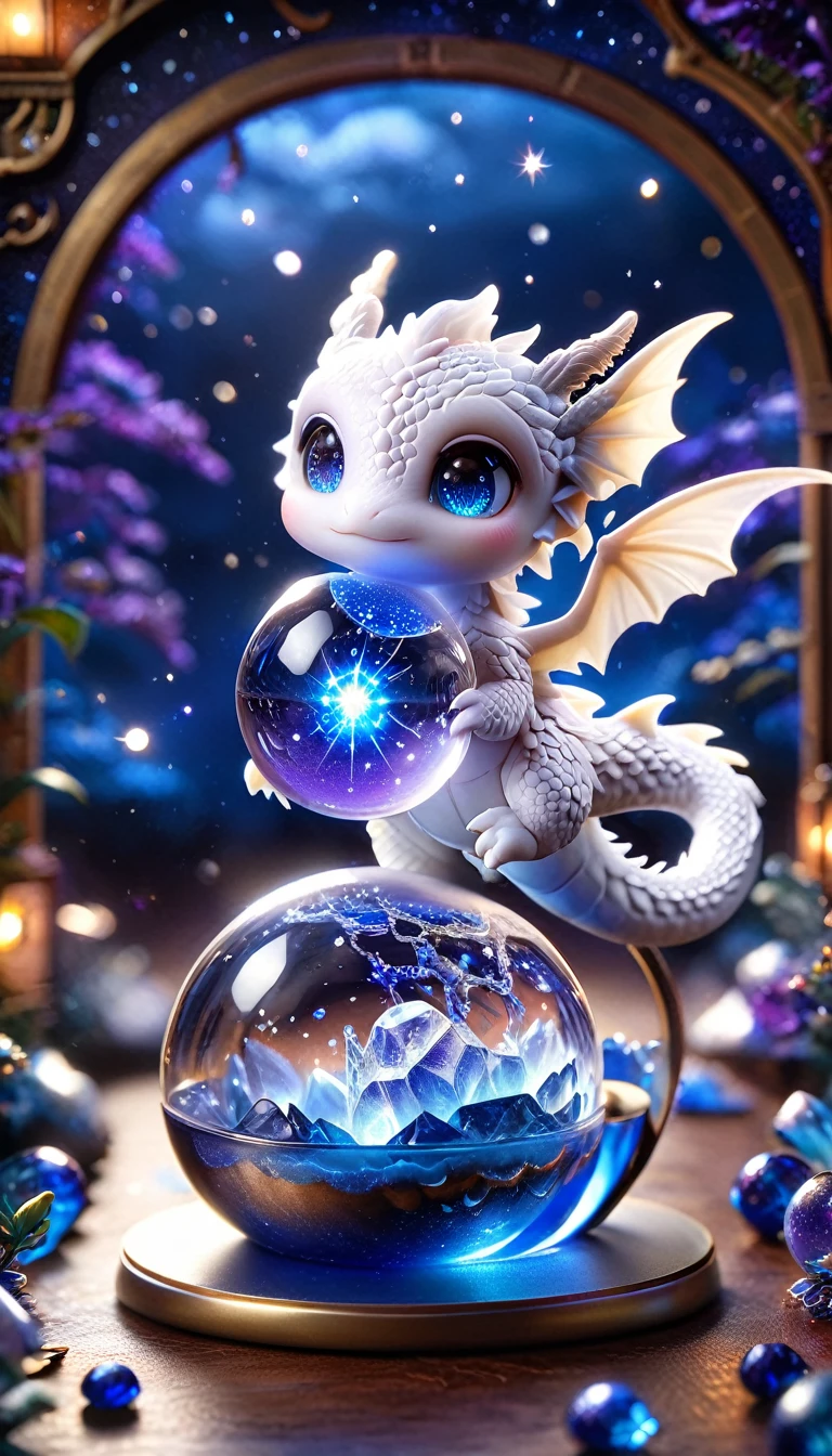 Absurd, High resolution, Very detailed, High resolution, masterpiece, Highest quality, ( Trapped in a crystal ball) Little White Dragon, Expressive blue eyes, White eyelashes, blue horns, wing, Fantasy Magic Background, Shiny, The Shining, Purple Lightning, Floating round light, Starry Sky, blank