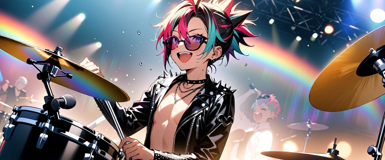 (((masterpiece,Highest quality))),(((A male anime character with a multi-colored, spiky hairstyle, sunglasses, and a somewhat revealing patent leather jacket and Visual Kei outfit.))),((Wearing a small hat at an angle)),(((Sitting at the drum set and playing))),(((Playing the drum set on a live stage,They are performing while sweating and laughing.))),Focus on the upper body,(high quality),アニメ,rainbow highlights hair,streaked hair